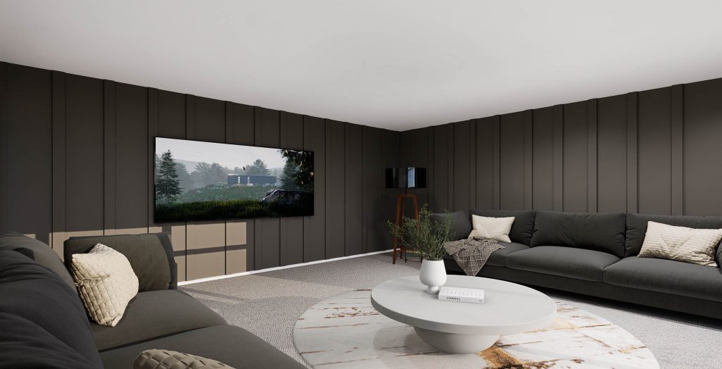 modern media room with a feature wall