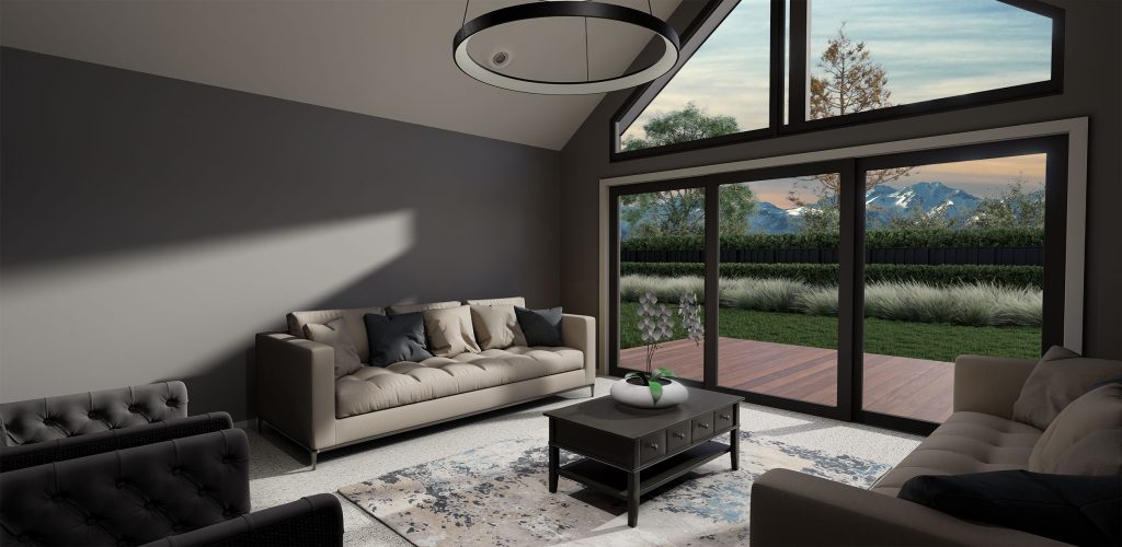 Modern painted media room, with high ceilings