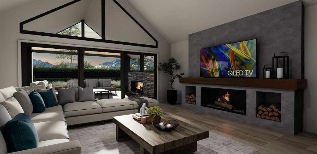 modern and rustic design in a living room, with tile feature tv wall