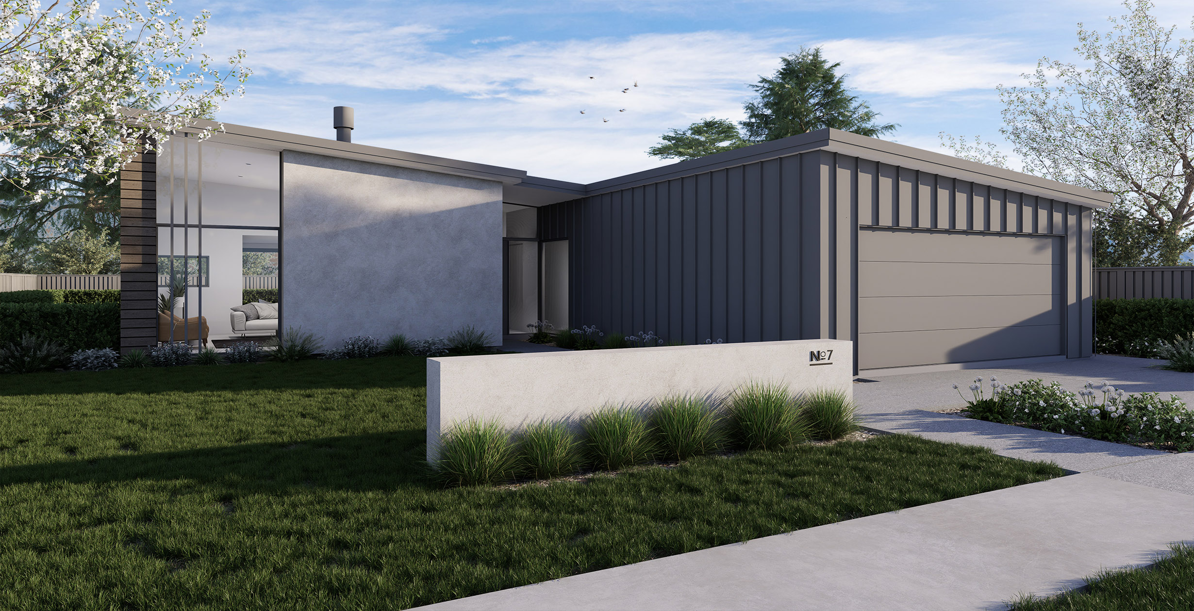 Modern design with timeless features, monopitch, warm grey cladding mixed with roofing tray, cerrano plaster and warm wood