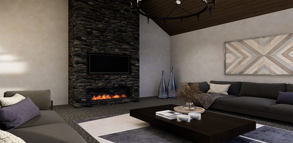 Modern and rustic media room with stone fireplace, timber ceiling and cerano plastered walls