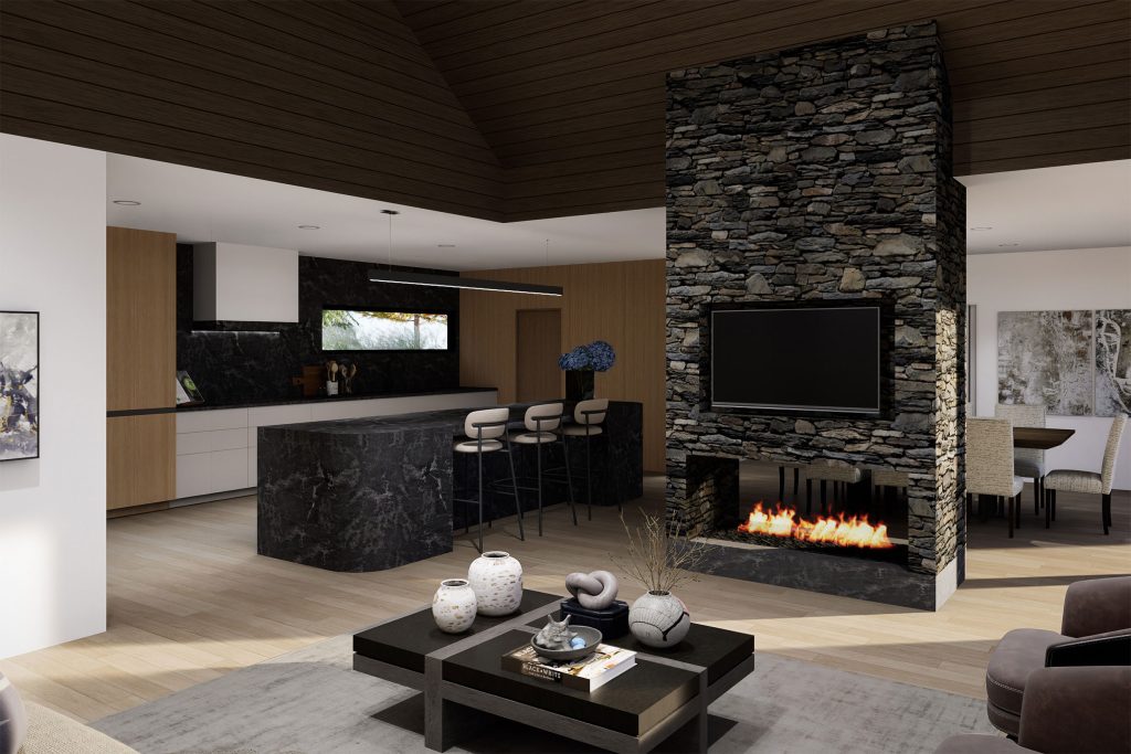 luxury rural home, with timber ceilings, designer kitchen, stone fireplace