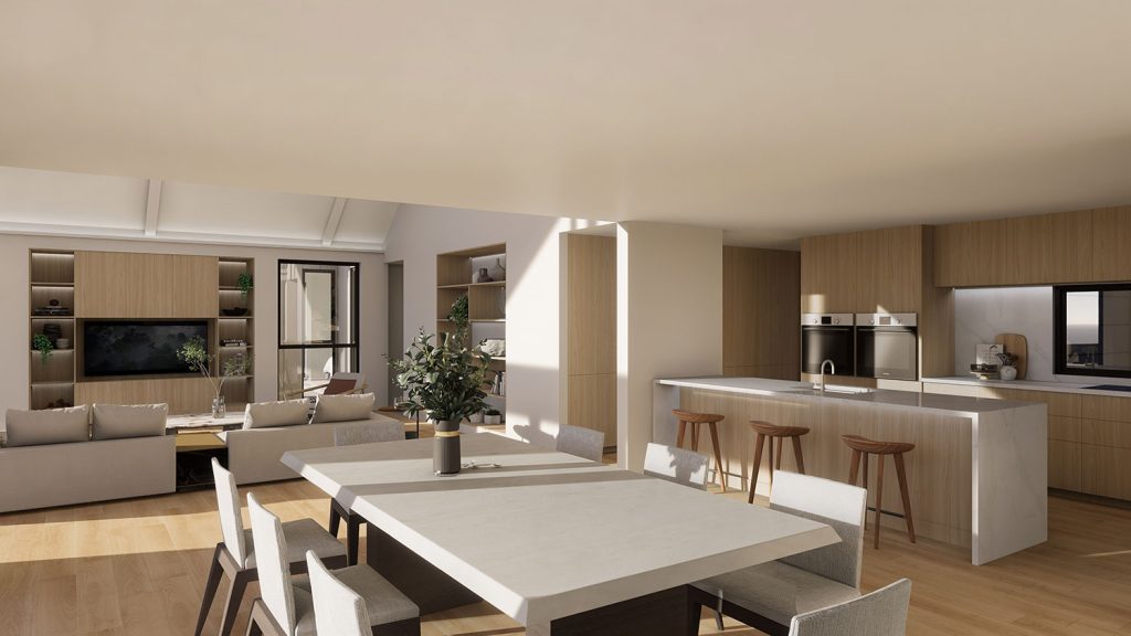 Modern interior with Scandinavian vibes, light wood, high ceilings kitchen