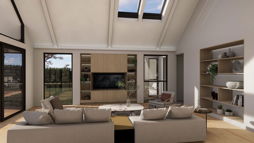 Modern interior with Scandinavian vibes, light wood, high ceilings lounge