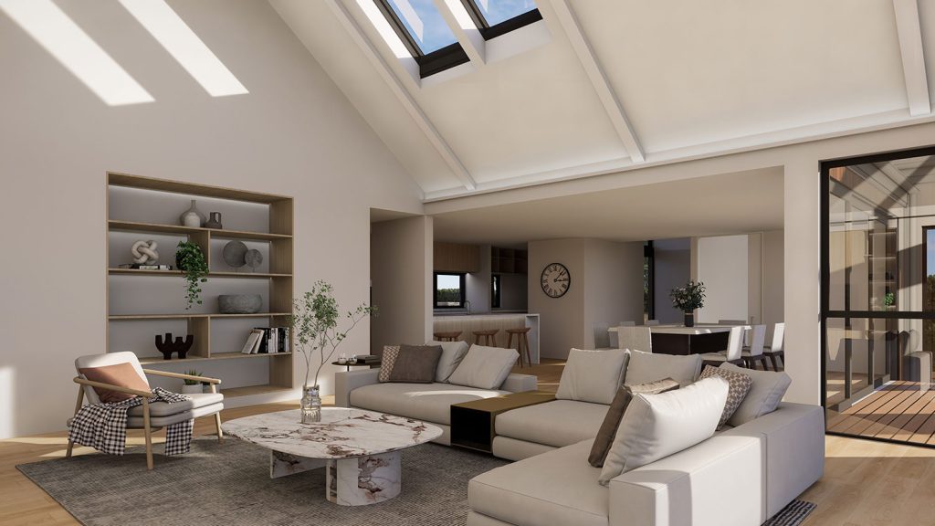 Modern interior with Scandinavian vibes, light wood, high ceilings living area