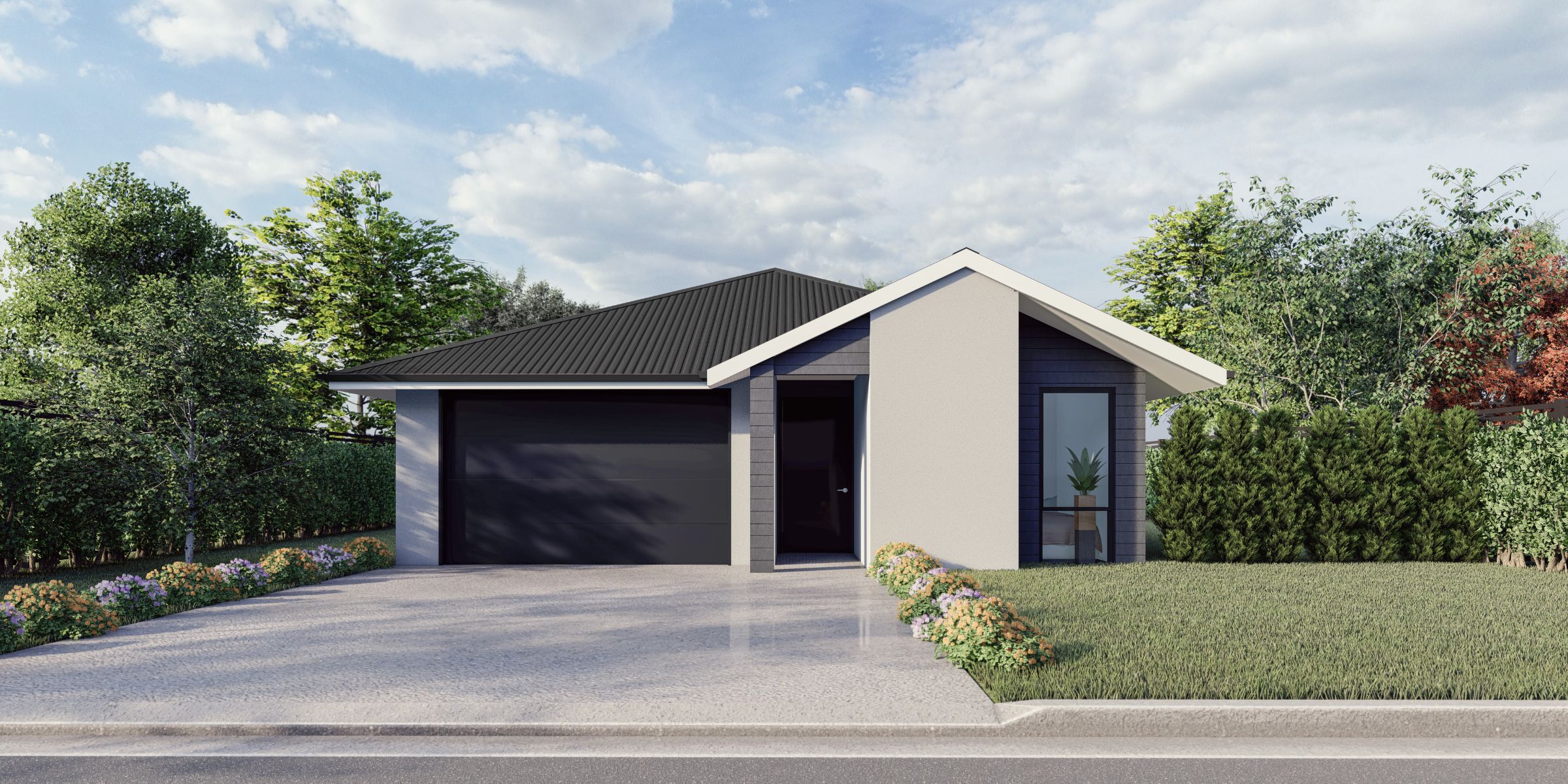 Front exterior of the Akaroa 132 – a compact three-bedroom home designed for narrow sections with modern cladding and clean lines.
