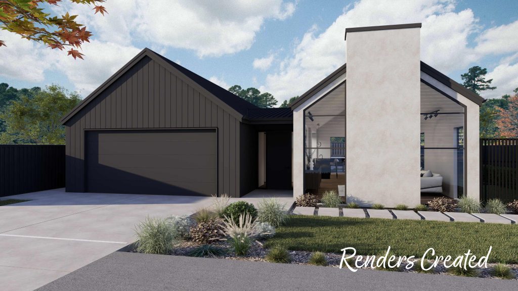 Front render of the Oakbridge home by Hallmark Homes, showcasing modern architectural lines, a mix of cladding materials, and a landscaped entrance.