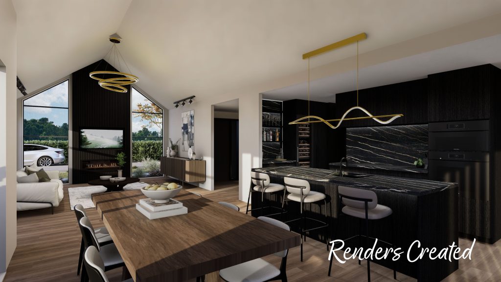 Open-plan interior of the Oakbridge home highlighting the spacious living area, neutral tones, and designer kitchen with island bench.