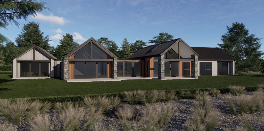 Rustic gabled wanaka home with warm timber, stone and axon front